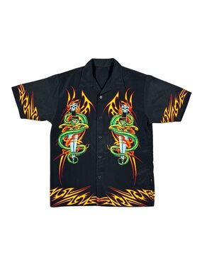 Y2K Cyberpunk Skull Snake Flames Sword Bikercore Button Down Shirt